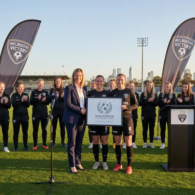 Maria Berry coaching scholarship banner featuring the Melbourne Victory logo and Women Onside logo